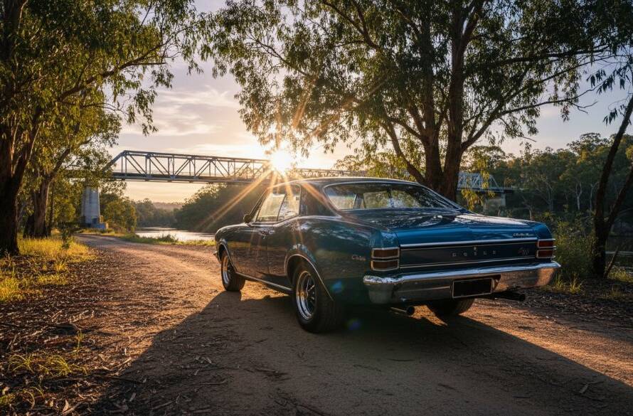 An epic, low-angle shot of a classic muscle car, gleaming in the golden hour light, parked dramatically by the Yarra River with the iconic Warrandyte bridge in the background, showcasing Warrandyte riverside classic car photography.