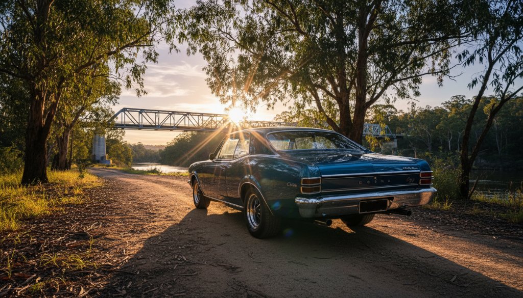 An epic, low-angle shot of a classic muscle car, gleaming in the golden hour light, parked dramatically by the Yarra River with the iconic Warrandyte bridge in the background, showcasing Warrandyte riverside classic car photography.