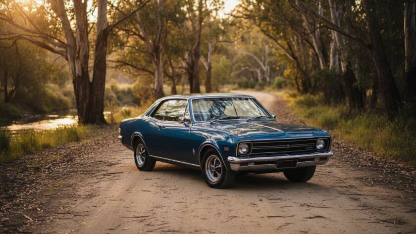 An epic moment captured in Warrandyte riverside classic car photography, featuring a gleaming vintage vehicle parked by the Yarra River at sunset, dramatic golden hour light, with trees reflected in its polished chrome.