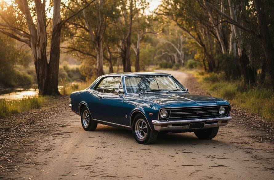 An epic moment captured in Warrandyte riverside classic car photography, featuring a gleaming vintage vehicle parked by the Yarra River at sunset, dramatic golden hour light, with trees reflected in its polished chrome.