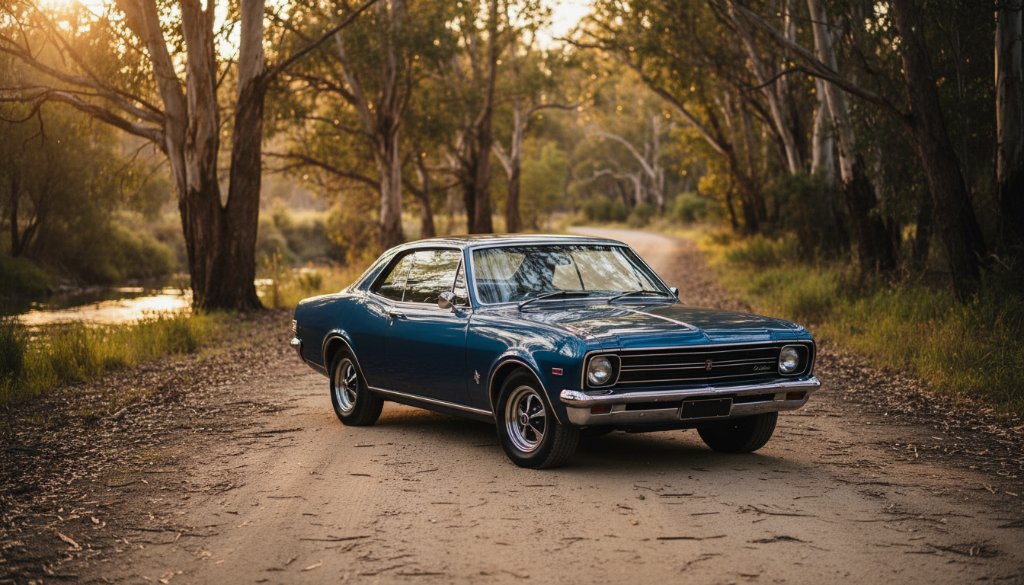 An epic moment captured in Warrandyte riverside classic car photography, featuring a gleaming vintage vehicle parked by the Yarra River at sunset, dramatic golden hour light, with trees reflected in its polished chrome.