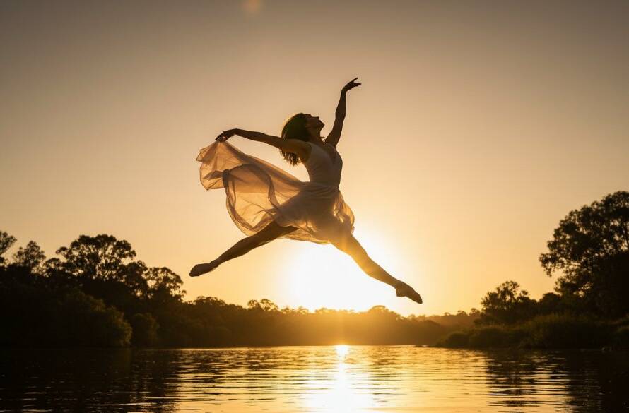Dramatic wide shot of a contemporary dancer mid-leap at golden hour on the banks of the Yarra River in Warrandyte, Victoria, showcasing breathtaking Warrandyte riverside dance photography sessions.