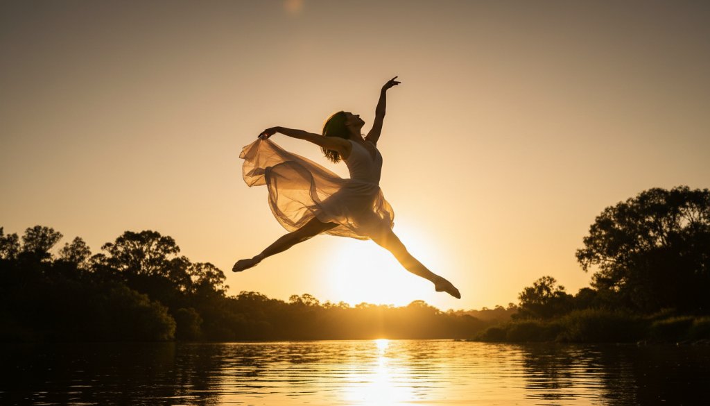 Dramatic wide shot of a contemporary dancer mid-leap at golden hour on the banks of the Yarra River in Warrandyte, Victoria, showcasing breathtaking Warrandyte riverside dance photography sessions.