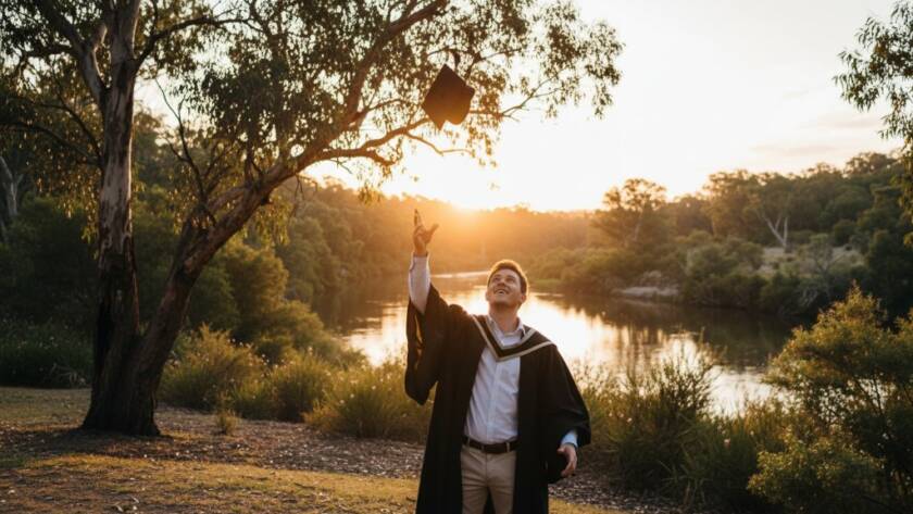 A graduating student, wearing a cap and gown, joyfully tossing their cap into the air against a backdrop of the serene Yarra River and lush Warrandyte natural bushland at sunset. Dramatic golden hour light illuminates the scene, capturing the Warrandyte riverside graduation photography experience with an epic, celebratory feel.