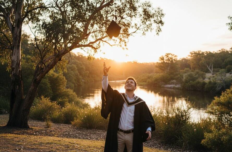 A graduating student, wearing a cap and gown, joyfully tossing their cap into the air against a backdrop of the serene Yarra River and lush Warrandyte natural bushland at sunset. Dramatic golden hour light illuminates the scene, capturing the Warrandyte riverside graduation photography experience with an epic, celebratory feel.