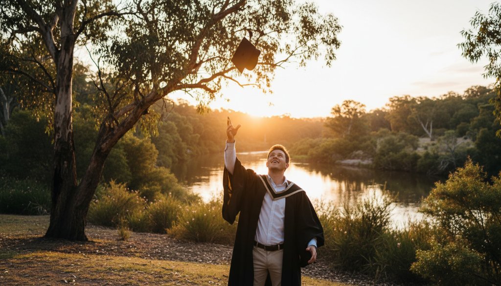 A graduating student, wearing a cap and gown, joyfully tossing their cap into the air against a backdrop of the serene Yarra River and lush Warrandyte natural bushland at sunset. Dramatic golden hour light illuminates the scene, capturing the Warrandyte riverside graduation photography experience with an epic, celebratory feel.