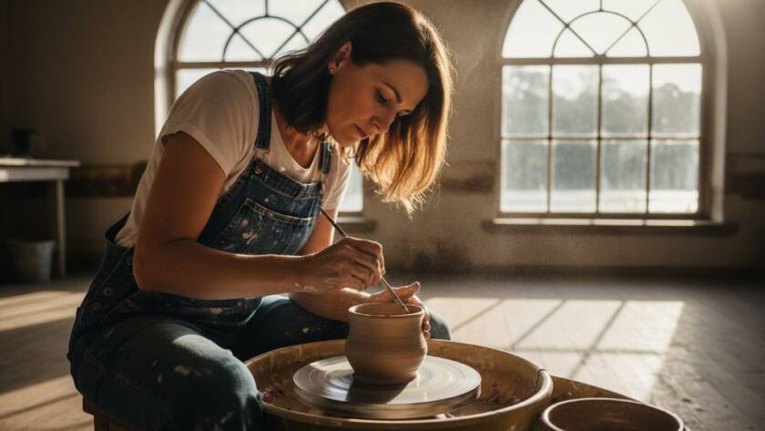A breathtaking epic moment of a local ceramic artisan in Warrandyte South, bathed in dramatic golden light, meticulously hand-painting a unique pottery piece in a rustic studio overlooking the Yarra River, perfect for Warrandyte South advertising photography for local artisans.