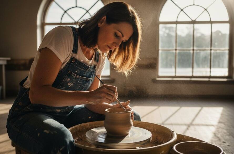A breathtaking epic moment of a local ceramic artisan in Warrandyte South, bathed in dramatic golden light, meticulously hand-painting a unique pottery piece in a rustic studio overlooking the Yarra River, perfect for Warrandyte South advertising photography for local artisans.