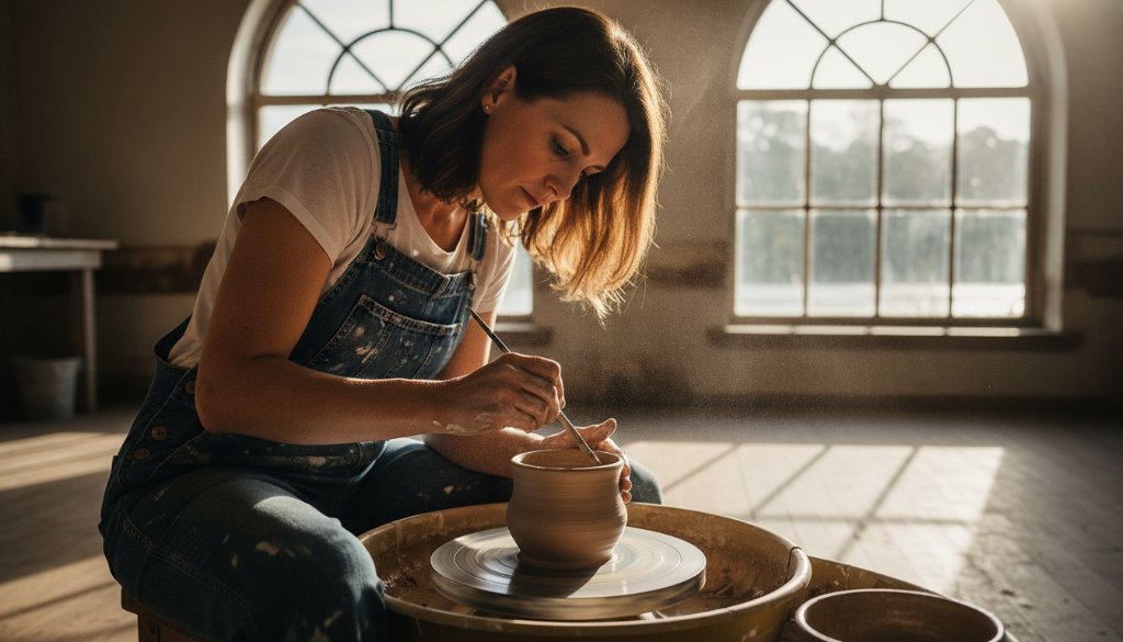 A breathtaking epic moment of a local ceramic artisan in Warrandyte South, bathed in dramatic golden light, meticulously hand-painting a unique pottery piece in a rustic studio overlooking the Yarra River, perfect for Warrandyte South advertising photography for local artisans.