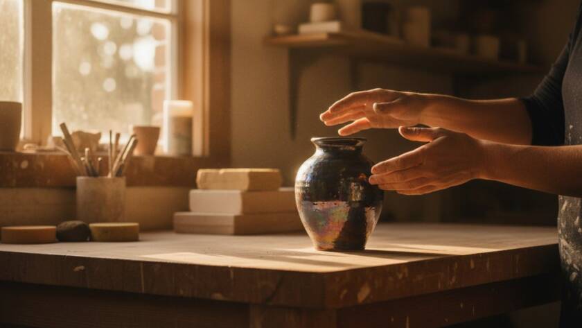 A beautifully lit close-up of a handcrafted ceramic bowl, showcasing its unique textures and vibrant colours, set against a rustic timber backdrop in a Warrandyte South artisan studio, embodying Warrandyte South Artisan Product Photography Storytelling with professional, dramatic lighting.