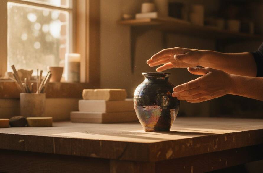 A beautifully lit close-up of a handcrafted ceramic bowl, showcasing its unique textures and vibrant colours, set against a rustic timber backdrop in a Warrandyte South artisan studio, embodying Warrandyte South Artisan Product Photography Storytelling with professional, dramatic lighting.