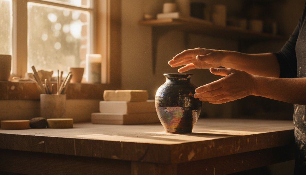A beautifully lit close-up of a handcrafted ceramic bowl, showcasing its unique textures and vibrant colours, set against a rustic timber backdrop in a Warrandyte South artisan studio, embodying Warrandyte South Artisan Product Photography Storytelling with professional, dramatic lighting.