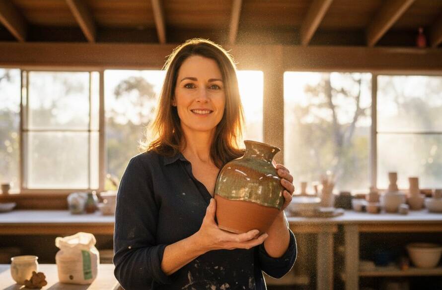An epic moment captured through Warrandyte South authentic brand advertising photography: a local artisan proudly presenting their handcrafted ceramic pottery on a rustic wooden table, bathed in dramatic golden hour sunlight filtering through eucalyptus trees, evoking warmth and authenticity in Warrandyte South, Victoria.