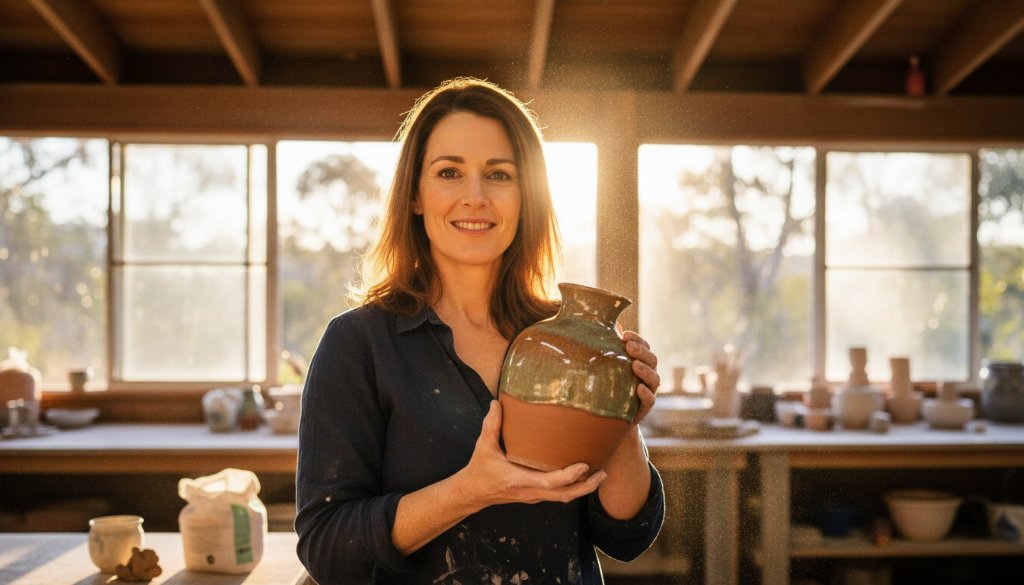 An epic moment captured through Warrandyte South authentic brand advertising photography: a local artisan proudly presenting their handcrafted ceramic pottery on a rustic wooden table, bathed in dramatic golden hour sunlight filtering through eucalyptus trees, evoking warmth and authenticity in Warrandyte South, Victoria.