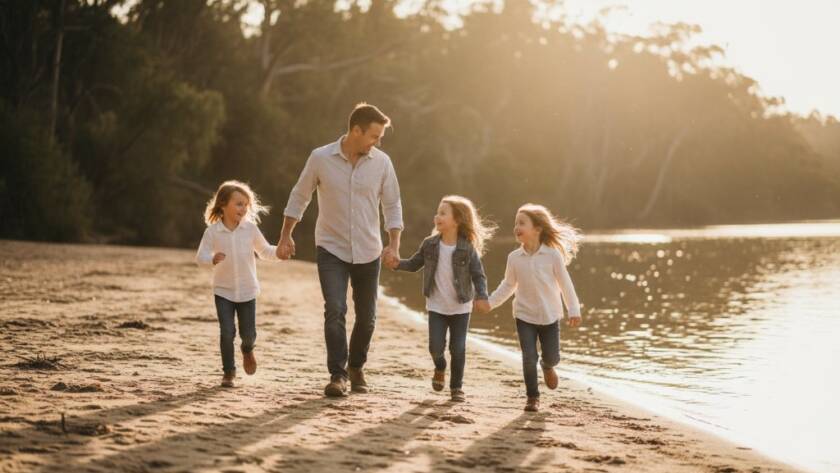An epic moment of a family laughing joyously by the Yarra River in Warrandyte South, showcasing the authentic joy of candid family photography. Late afternoon sun bathes them in warm light, captured by Image by SD.