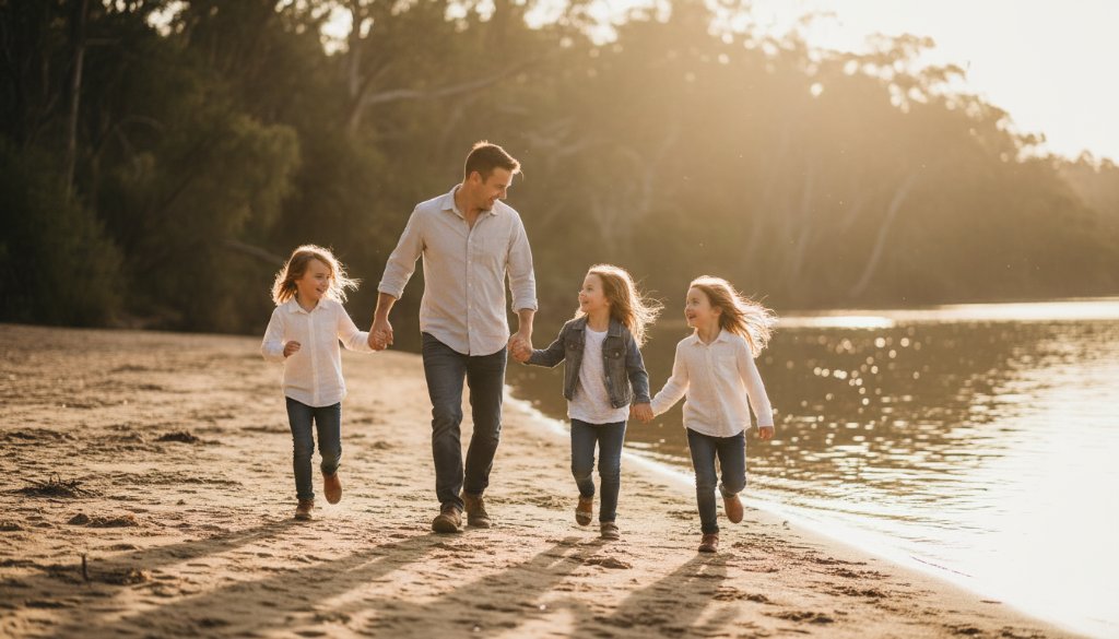 An epic moment of a family laughing joyously by the Yarra River in Warrandyte South, showcasing the authentic joy of candid family photography. Late afternoon sun bathes them in warm light, captured by Image by SD.