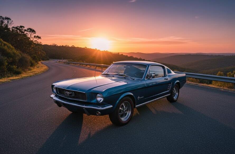 An epic, dramatic photograph capturing a gleaming vintage muscle car driving along a winding, tree-lined road at sunset in Warrandyte South, Victoria, Australia, showcasing a Warrandyte South classic car photoshoot Victoria with stunning golden hour light.