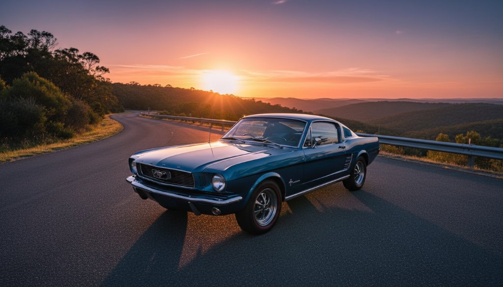 An epic, dramatic photograph capturing a gleaming vintage muscle car driving along a winding, tree-lined road at sunset in Warrandyte South, Victoria, Australia, showcasing a Warrandyte South classic car photoshoot Victoria with stunning golden hour light.