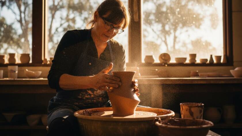 An inspiring Warrandyte South commercial photography elevating local brands shot, showcasing a local artisan expertly crafting pottery in a sun-drenched, rustic studio, with dramatic backlighting highlighting the clay dust in the air and their focused expression, conveying dedication and craftsmanship.