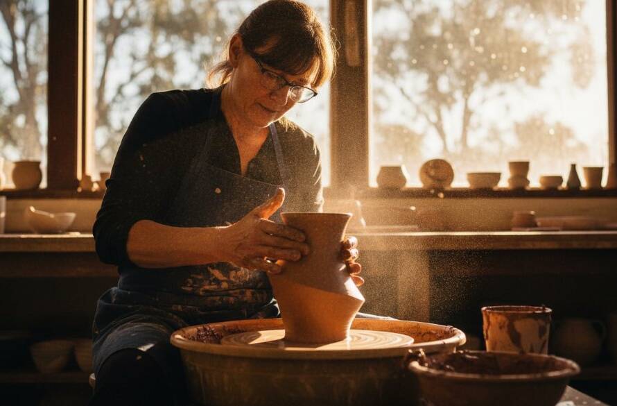 An inspiring Warrandyte South commercial photography elevating local brands shot, showcasing a local artisan expertly crafting pottery in a sun-drenched, rustic studio, with dramatic backlighting highlighting the clay dust in the air and their focused expression, conveying dedication and craftsmanship.
