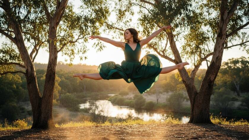 Warrandyte South contemporary dance photography outdoor captures a dancer mid-air, performing an elegant leap against the golden hour glow of the Yarra River landscape, showcasing grace and power in a dramatic, colour-graded, epic moment.