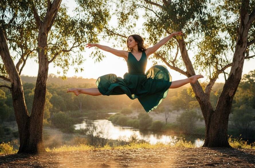 Warrandyte South contemporary dance photography outdoor captures a dancer mid-air, performing an elegant leap against the golden hour glow of the Yarra River landscape, showcasing grace and power in a dramatic, colour-graded, epic moment.