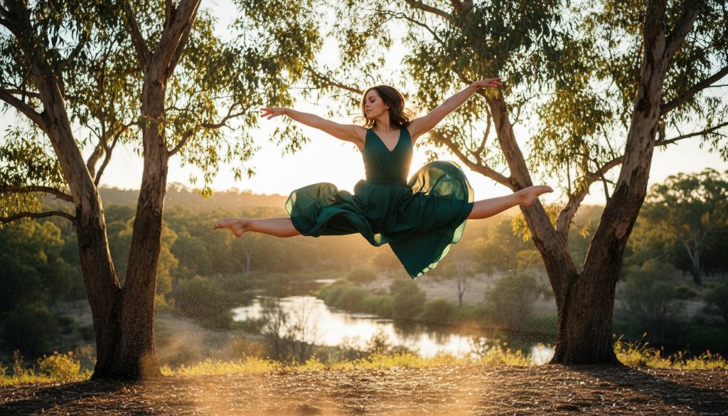 Warrandyte South contemporary dance photography outdoor captures a dancer mid-air, performing an elegant leap against the golden hour glow of the Yarra River landscape, showcasing grace and power in a dramatic, colour-graded, epic moment.