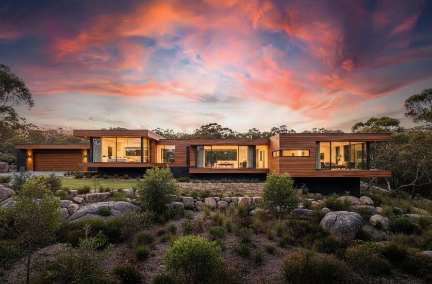 Dramatic aerial shot capturing the sleek lines of a modern Warrandyte South contemporary residence under a vibrant sunset, highlighting its innovative architectural design with warm, golden light across its unique angles, showcasing professional Warrandyte South contemporary residence architecture photography.