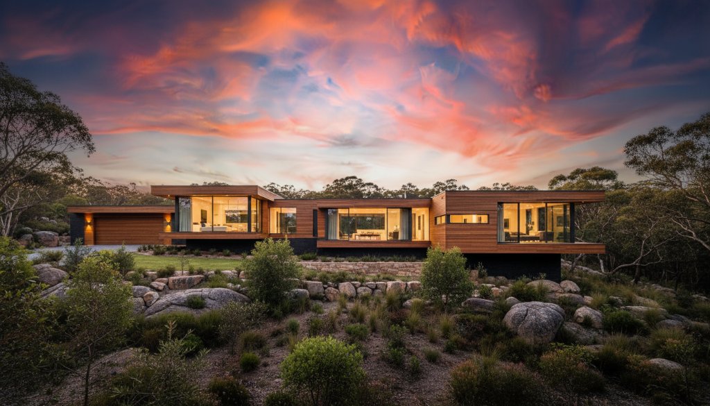 Dramatic aerial shot capturing the sleek lines of a modern Warrandyte South contemporary residence under a vibrant sunset, highlighting its innovative architectural design with warm, golden light across its unique angles, showcasing professional Warrandyte South contemporary residence architecture photography.