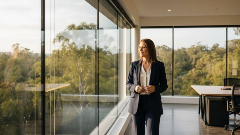 A dynamic, high-impact photograph showcasing a business professional in Warrandyte South, confidently posed outdoors with a backdrop reflecting the natural beauty of the area, embodying the essence of Warrandyte South corporate headshots for local businesses, with dramatic, golden hour lighting.