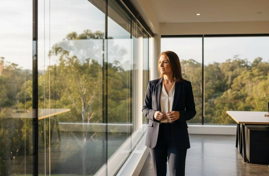 A dynamic, high-impact photograph showcasing a business professional in Warrandyte South, confidently posed outdoors with a backdrop reflecting the natural beauty of the area, embodying the essence of Warrandyte South corporate headshots for local businesses, with dramatic, golden hour lighting.