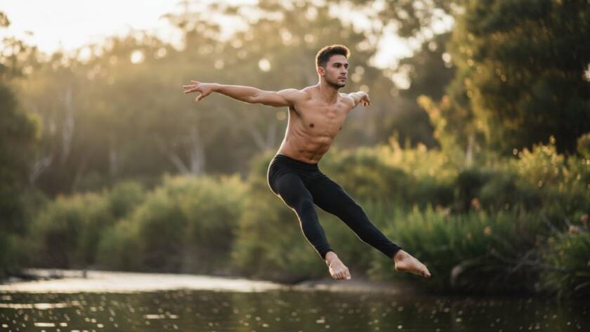 A stunning, low-angle 'epic moment' photograph of a male dancer executing a powerful, gravity-defying leap against a soft, sun-drenched Warrandyte South bushland and Yarra River backdrop, showcasing expert Warrandyte South dance photography for aspiring performers.