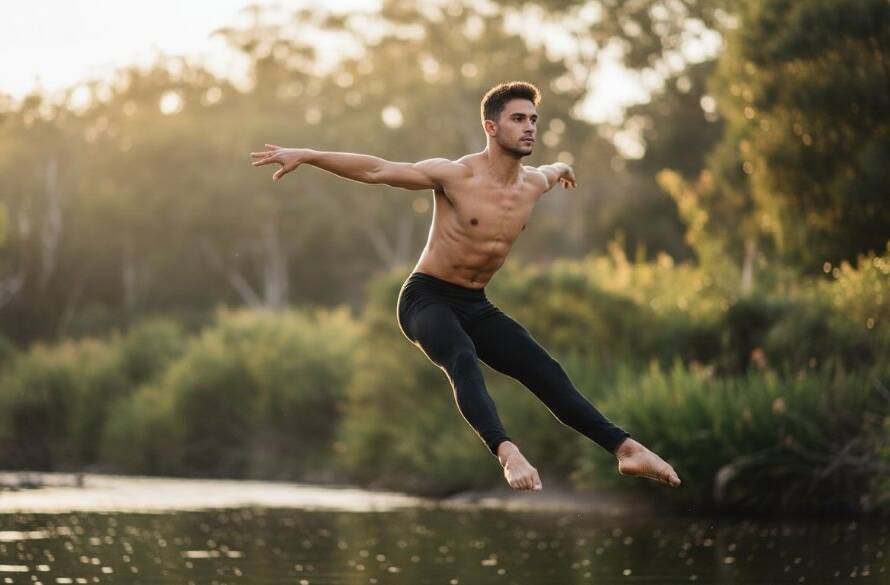 A stunning, low-angle 'epic moment' photograph of a male dancer executing a powerful, gravity-defying leap against a soft, sun-drenched Warrandyte South bushland and Yarra River backdrop, showcasing expert Warrandyte South dance photography for aspiring performers.