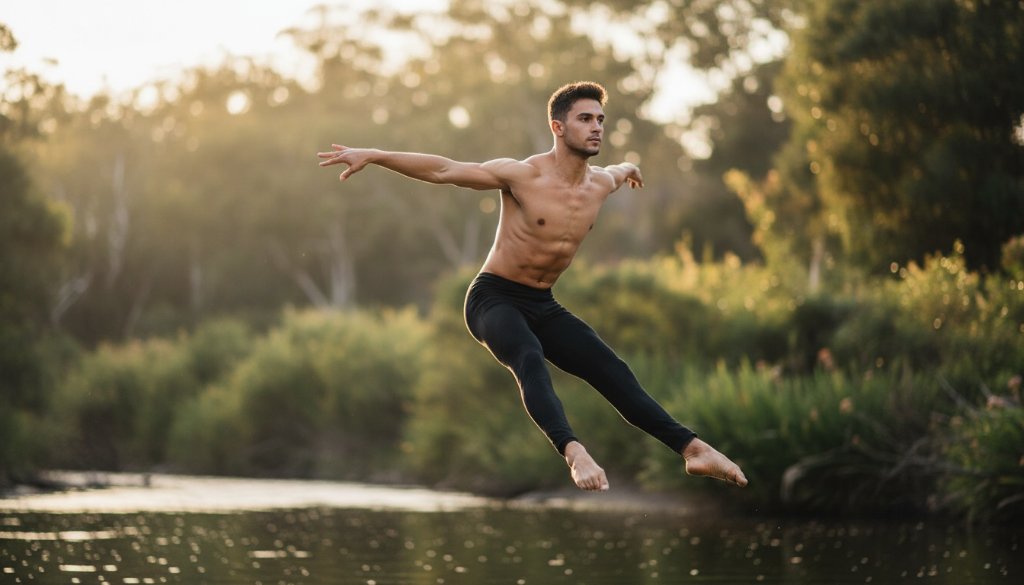 A stunning, low-angle 'epic moment' photograph of a male dancer executing a powerful, gravity-defying leap against a soft, sun-drenched Warrandyte South bushland and Yarra River backdrop, showcasing expert Warrandyte South dance photography for aspiring performers.