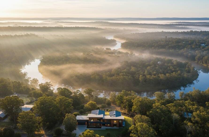 Epic aerial view of the Yarra River winding through Warrandyte South at sunrise, showcasing the lush bushland and golden light, captured by professional Warrandyte South drone landscape photography services.