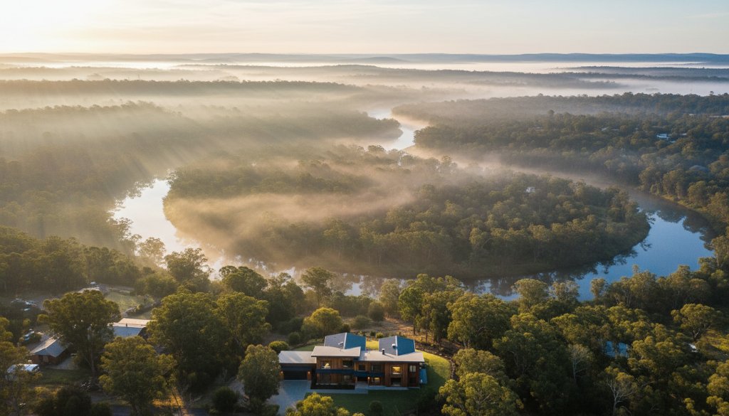 Epic aerial view of the Yarra River winding through Warrandyte South at sunrise, showcasing the lush bushland and golden light, captured by professional Warrandyte South drone landscape photography services.