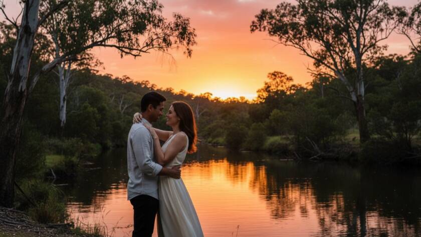 An engaged couple embracing passionately by the Yarra River at sunset in Warrandyte South, Victoria, showcasing Warrandyte South engagement photography stunning riverside moments with dramatic golden hour lighting and lush Australian bushland backdrop.
