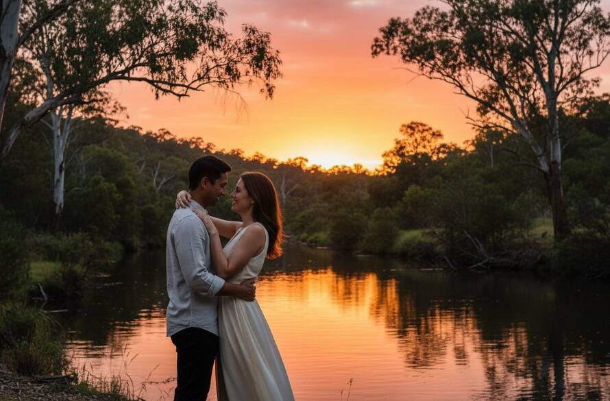 An engaged couple embracing passionately by the Yarra River at sunset in Warrandyte South, Victoria, showcasing Warrandyte South engagement photography stunning riverside moments with dramatic golden hour lighting and lush Australian bushland backdrop.