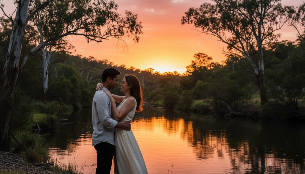 An engaged couple embracing passionately by the Yarra River at sunset in Warrandyte South, Victoria, showcasing Warrandyte South engagement photography stunning riverside moments with dramatic golden hour lighting and lush Australian bushland backdrop.