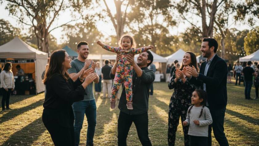 A vibrant, candid shot capturing the joyous energy of a local festival in Warrandyte South, with attendees laughing and interacting, beautifully illustrating Warrandyte South event photography candid storytelling.