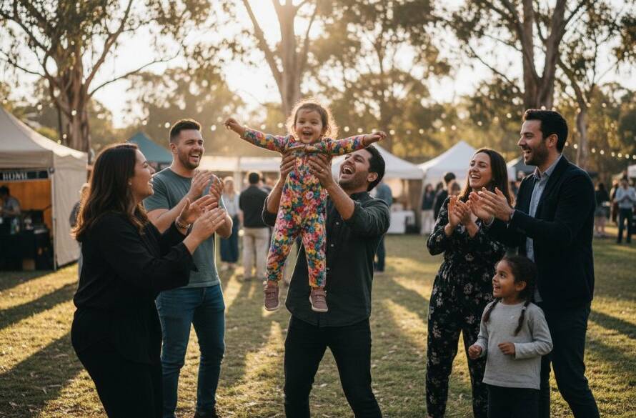 A vibrant, candid shot capturing the joyous energy of a local festival in Warrandyte South, with attendees laughing and interacting, beautifully illustrating Warrandyte South event photography candid storytelling.