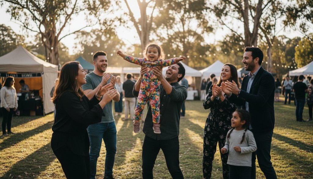 A vibrant, candid shot capturing the joyous energy of a local festival in Warrandyte South, with attendees laughing and interacting, beautifully illustrating Warrandyte South event photography candid storytelling.