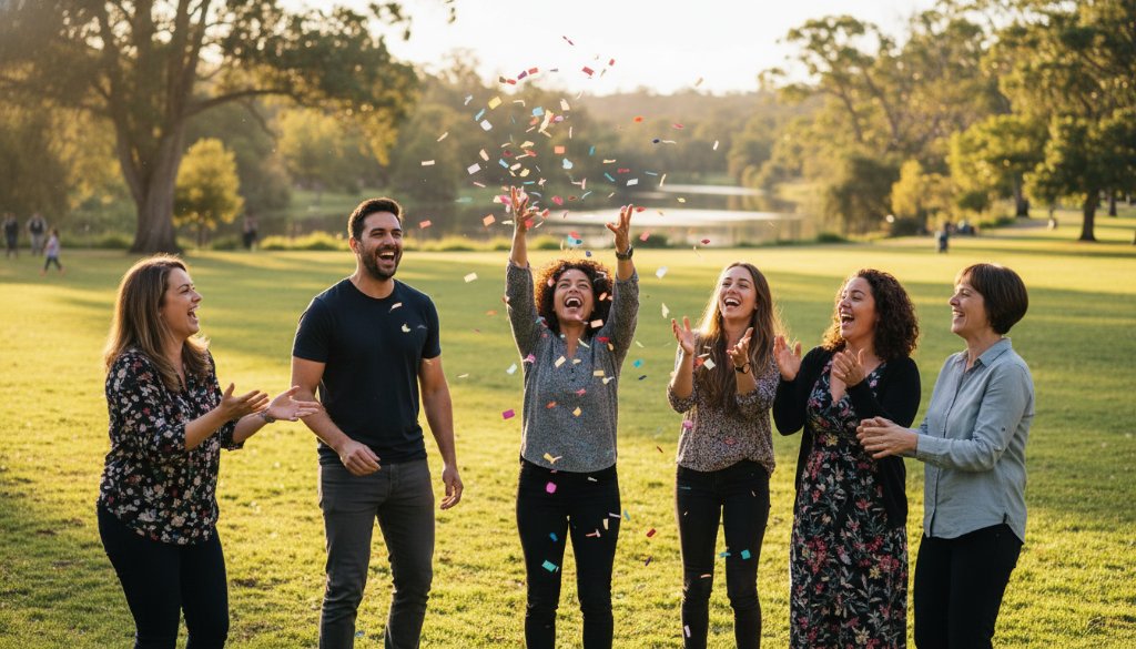 An 'epic moment' photograph of guests laughing genuinely at an outdoor event in Warrandyte South, bathed in golden hour light, showcasing professional Warrandyte South event photography capturing genuine joy.