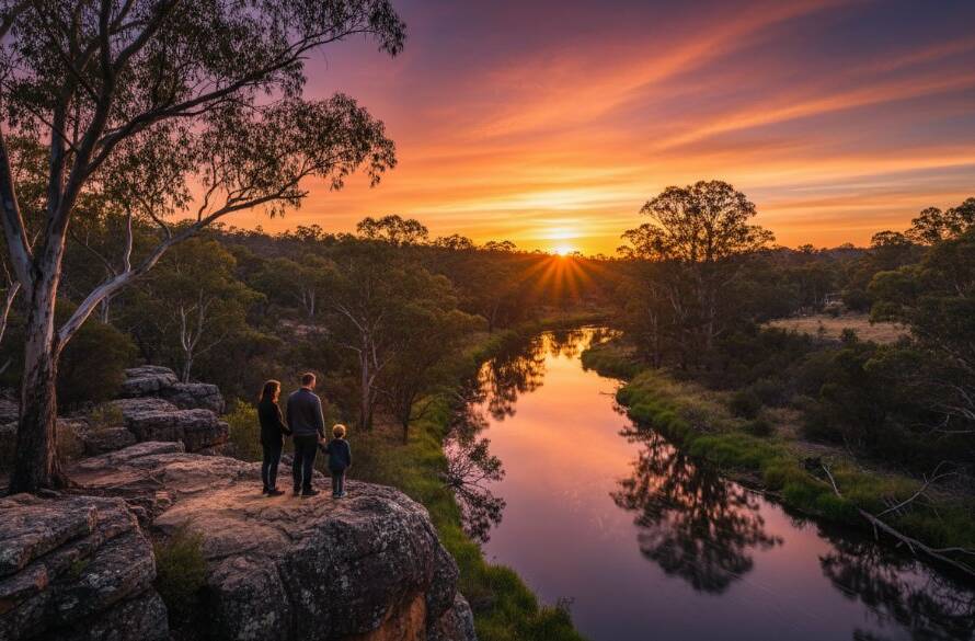 A family stands silhouetted against a dramatic sunset over the Yarra River in Warrandyte South, creating an epic Warrandyte South fine art photography legacy portrait with golden light catching the river, showcasing connection and timeless beauty.