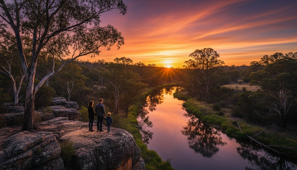 A family stands silhouetted against a dramatic sunset over the Yarra River in Warrandyte South, creating an epic Warrandyte South fine art photography legacy portrait with golden light catching the river, showcasing connection and timeless beauty.