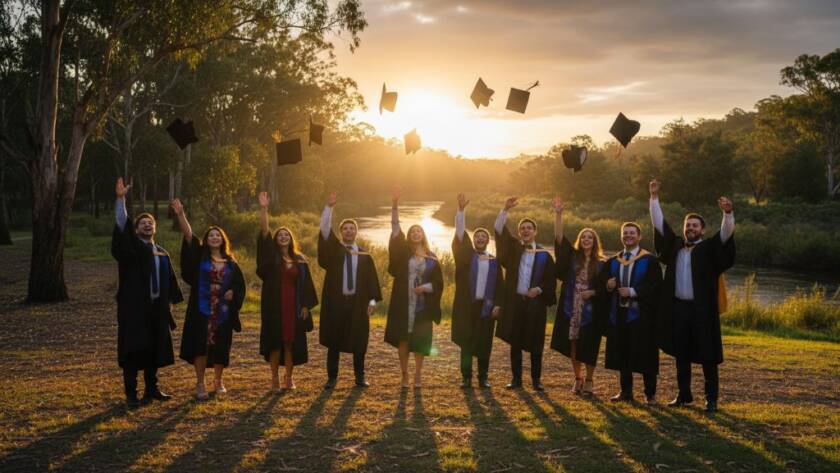An emotionally vibrant photograph capturing a group of university graduates in Warrandyte South celebrating with joyful laughter and mortarboards thrown into the golden hour sky, showcasing Warrandyte South graduation photography capturing candid joy.