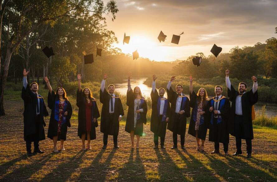 An emotionally vibrant photograph capturing a group of university graduates in Warrandyte South celebrating with joyful laughter and mortarboards thrown into the golden hour sky, showcasing Warrandyte South graduation photography capturing candid joy.