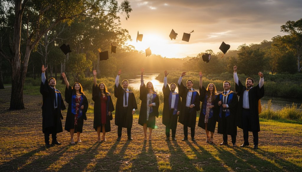 An emotionally vibrant photograph capturing a group of university graduates in Warrandyte South celebrating with joyful laughter and mortarboards thrown into the golden hour sky, showcasing Warrandyte South graduation photography capturing candid joy.