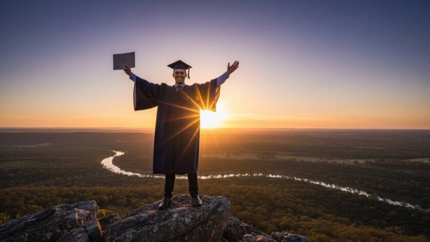 A jubilant graduate in Warrandyte South, surrounded by natural bushland, throws their cap into the air, silhouetted against a golden sunset, perfectly embodying Warrandyte South graduation photography capturing joyful moments.