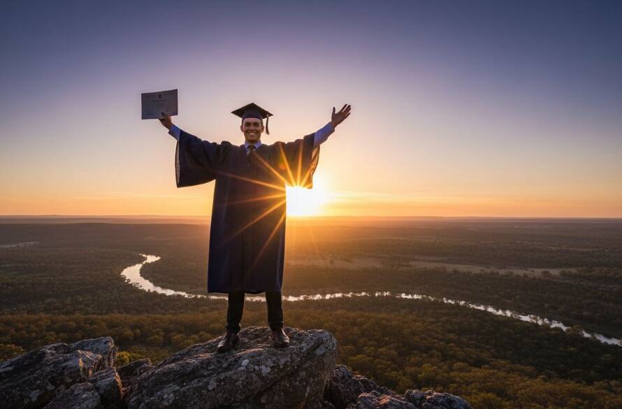 A jubilant graduate in Warrandyte South, surrounded by natural bushland, throws their cap into the air, silhouetted against a golden sunset, perfectly embodying Warrandyte South graduation photography capturing joyful moments.